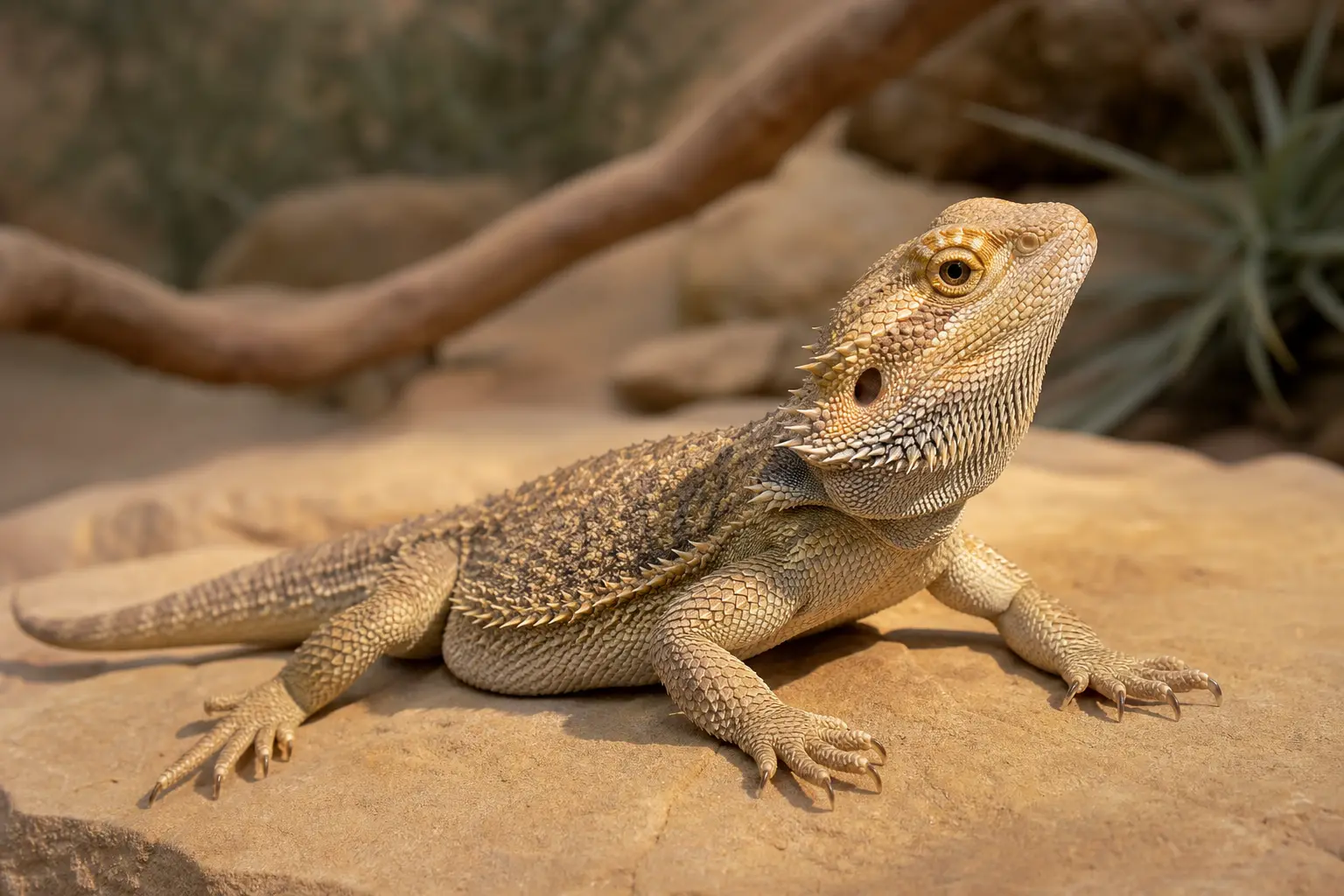 Adult central bearded dragon resting alertly on warm sandstone with its full body and bright eye in clear view.
