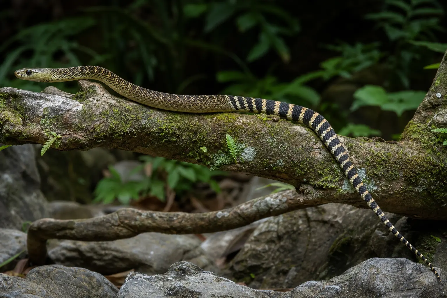 Adult Taiwanese-type beauty rat snake crossing a subtropical branch with its complete olive-tan body, long black-and-cream banded tail, and clear head in view.