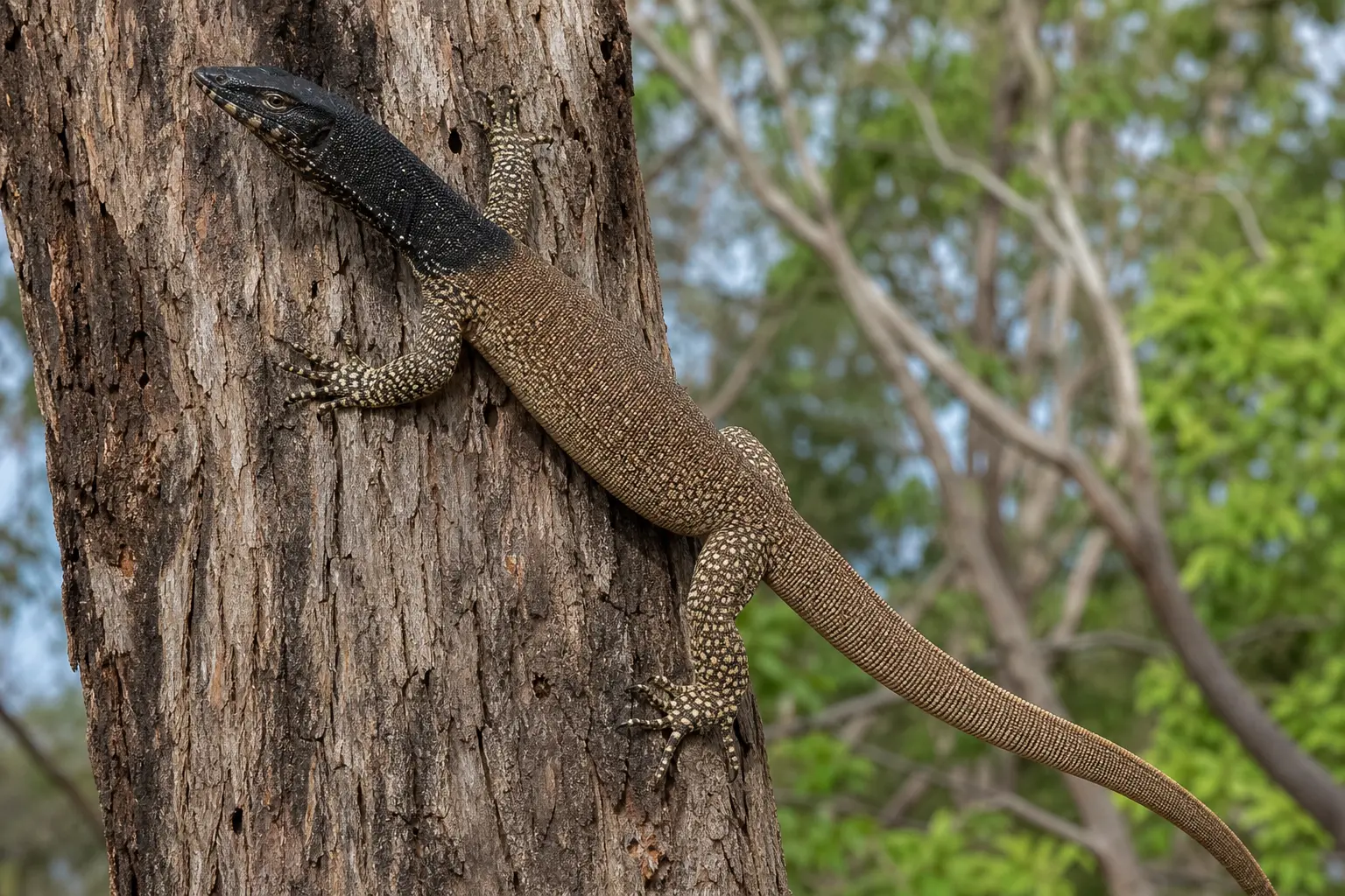 Adult black-headed monitor climbing Australian woodland trunk with its complete slender tan body, glossy black head and neck, spotted limbs, and long tail in view.