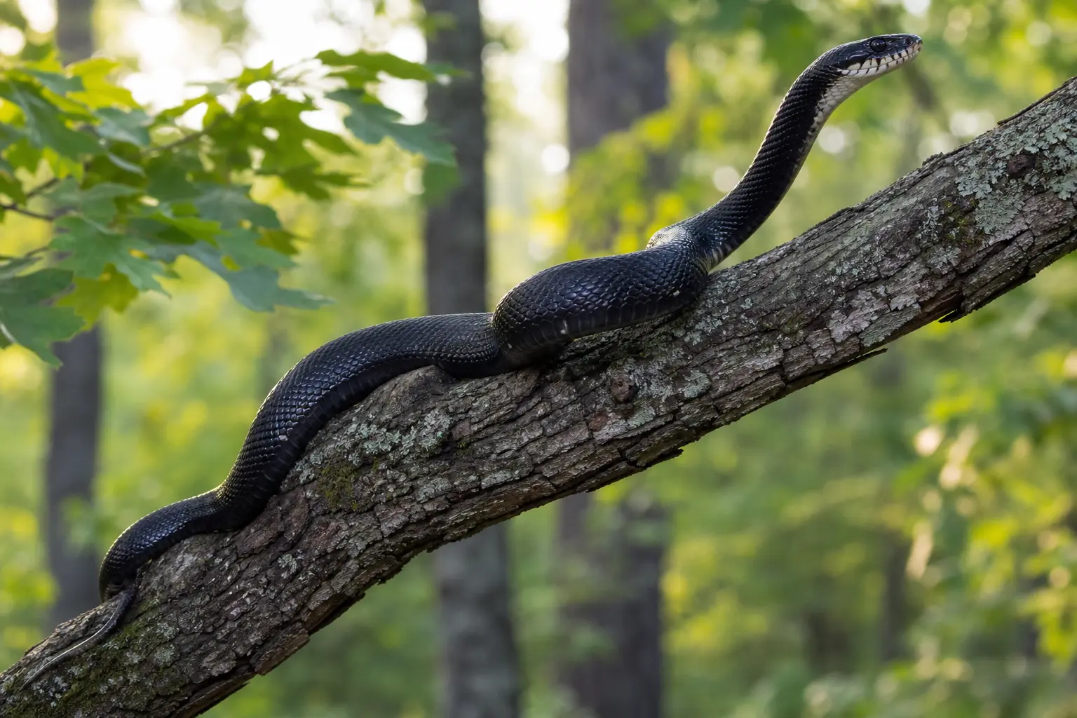 Adult black rat snake climbing an oak branch with its long glossy black body, white chin, and alert head in clear view.