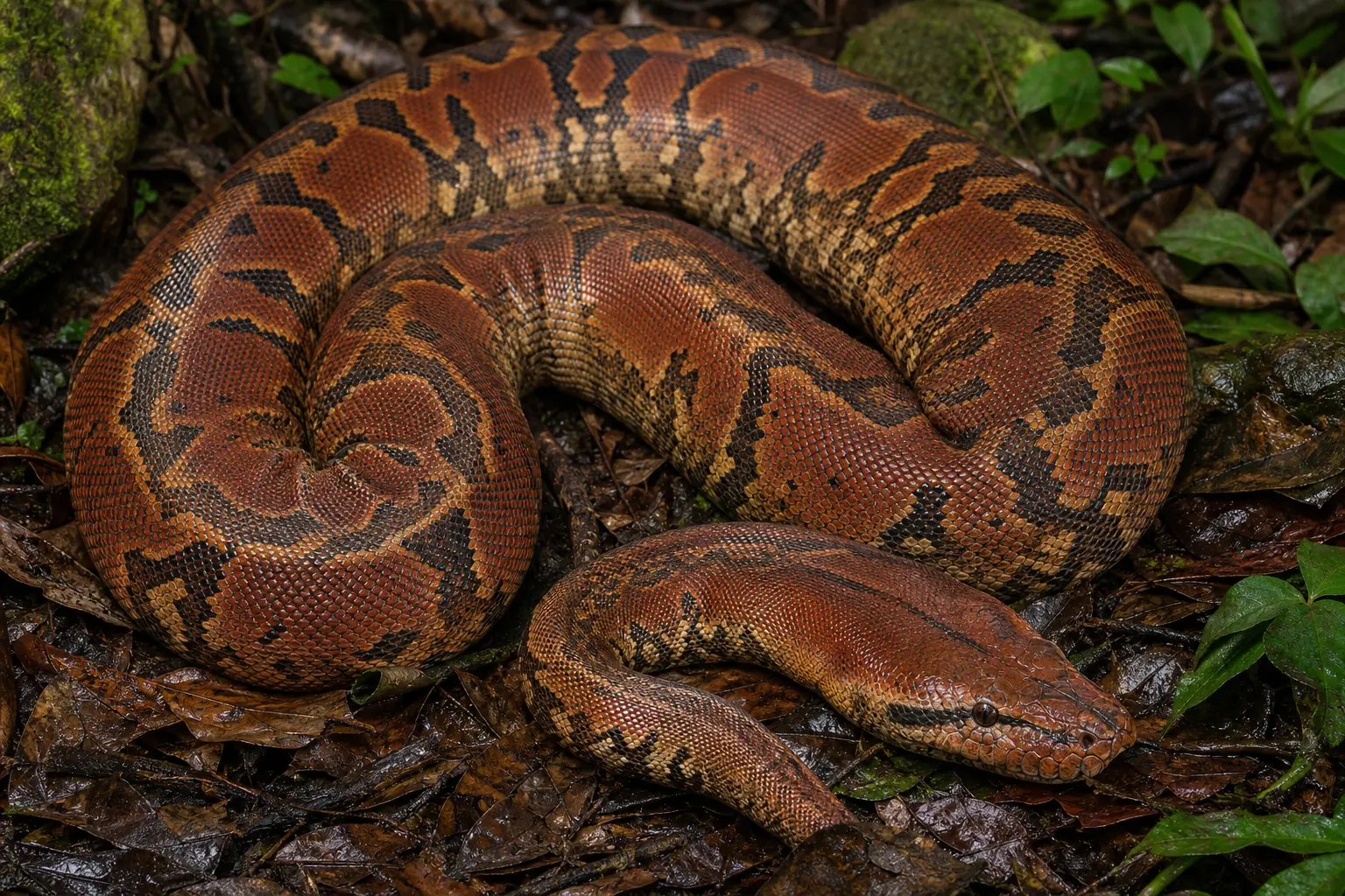 Adult blood python resting on humid forest litter with its complete thick short body, natural brick-red markings, and broad wedge-shaped head in clear view.