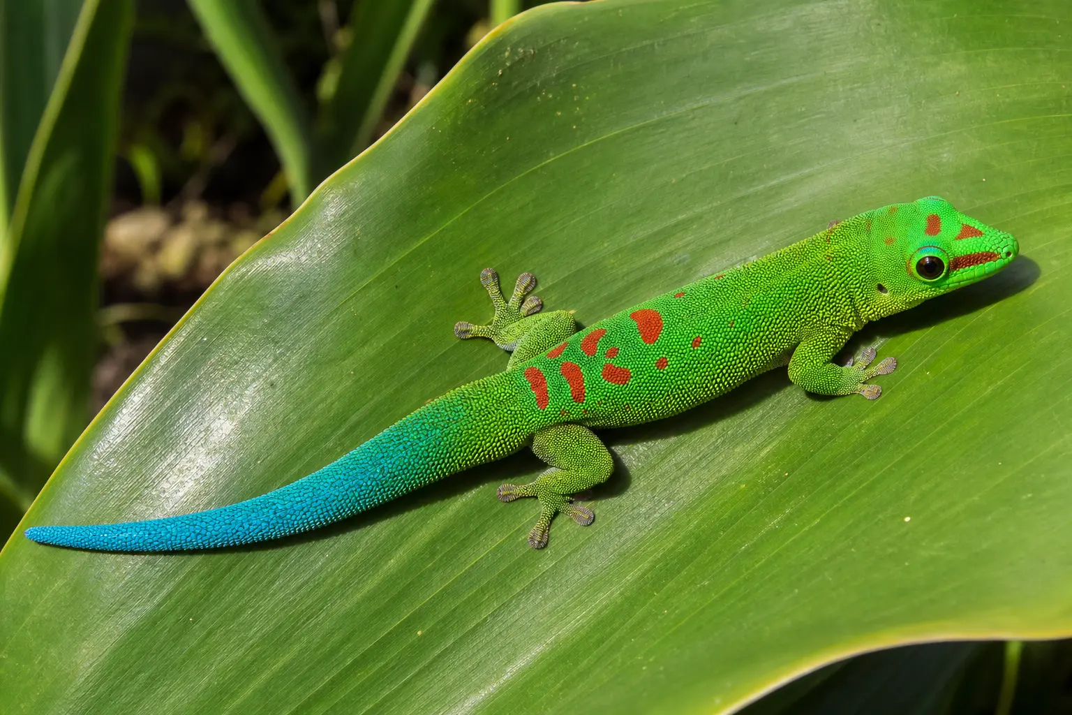 Adult blue-tailed day gecko on a broad Mauritius leaf with its complete emerald body, fine red markings, vivid turquoise-blue tail, round eye, and adhesive toes in view.