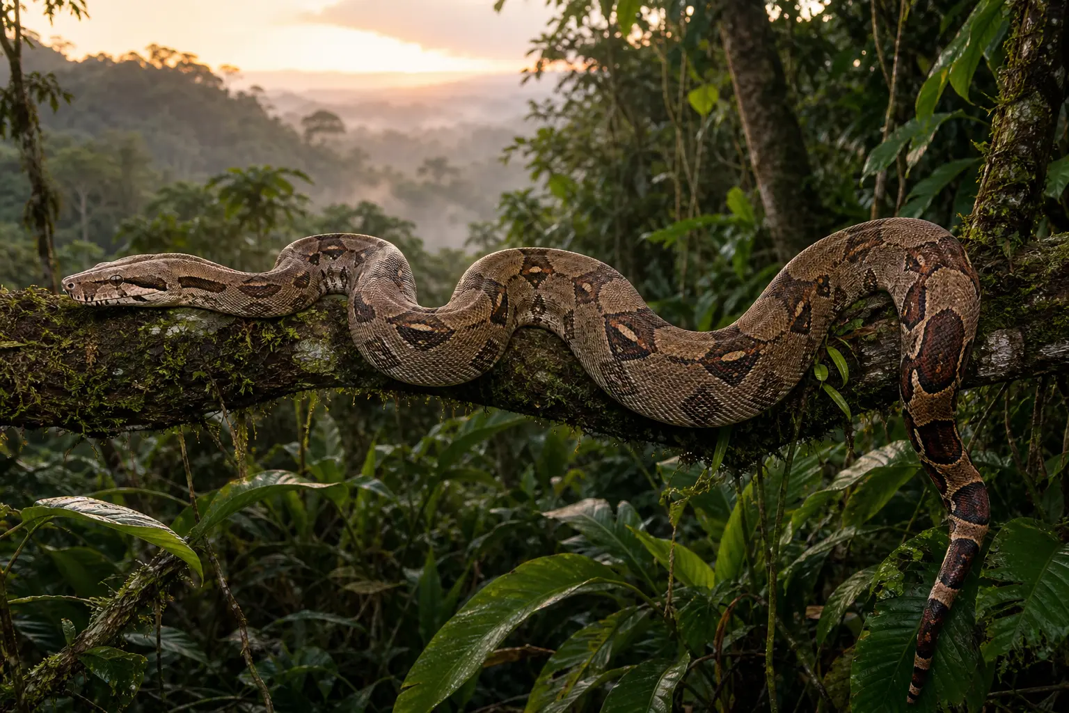 Adult boa constrictor resting across a rainforest branch with its long muscular body, warm saddle pattern, and broad alert head in clear view.