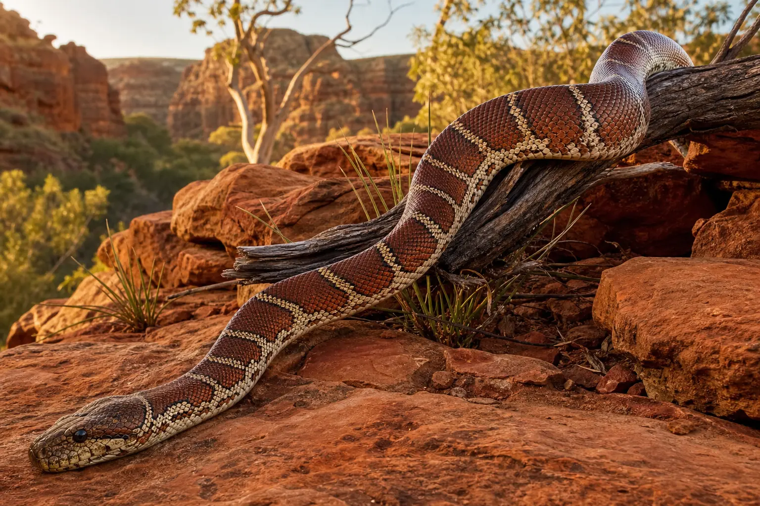 Adult Bredl's python crossing central Australian sandstone with its complete rust-red and cream-banded body and broad head in clear view.