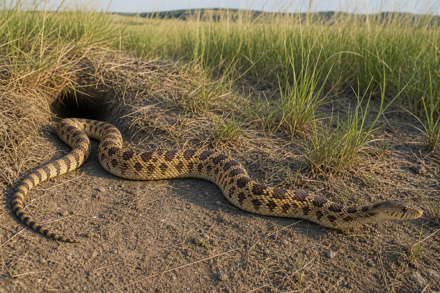 Adult bullsnake moving beside a prairie burrow with its complete long muscular body, dark dorsal blotches, banded tail, and pointed head in clear view.