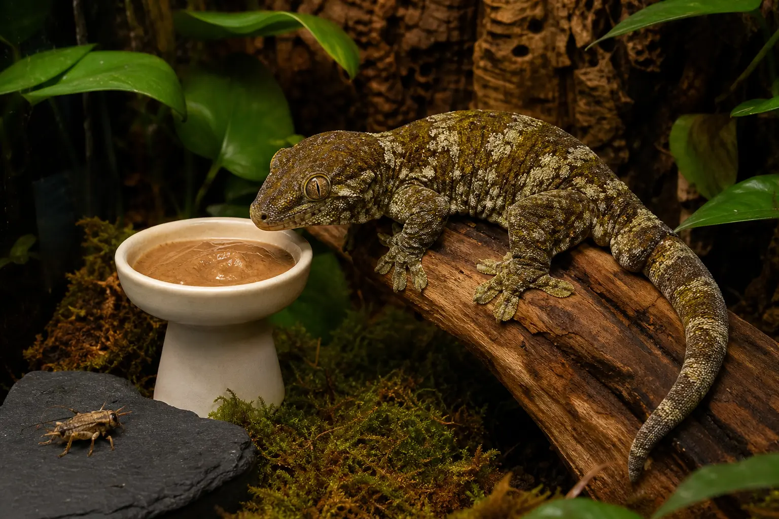 Adult Chahoua gecko beside a clean cup of prepared complete gecko diet and one appropriately sized feeder insect in a planted enclosure.
