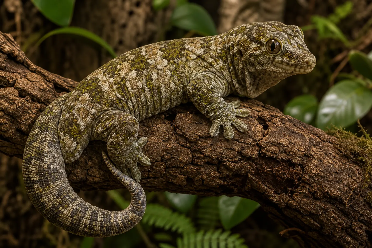 Adult Chahoua gecko resting on cork with moss-patterned granular skin, a broad blunt head, clear vertical-pupil eye, broad toe pads, and an intact grasping tail in clear view.