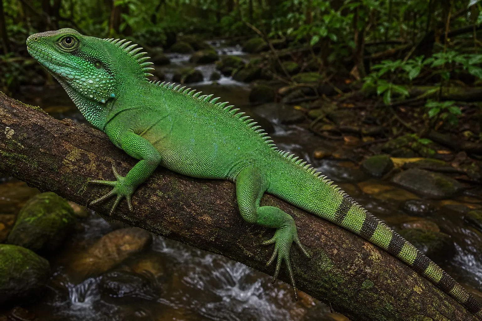 Adult male Chinese water dragon above a forest stream with its complete emerald body, tall crest, strong limbs, and long banded tail in view.
