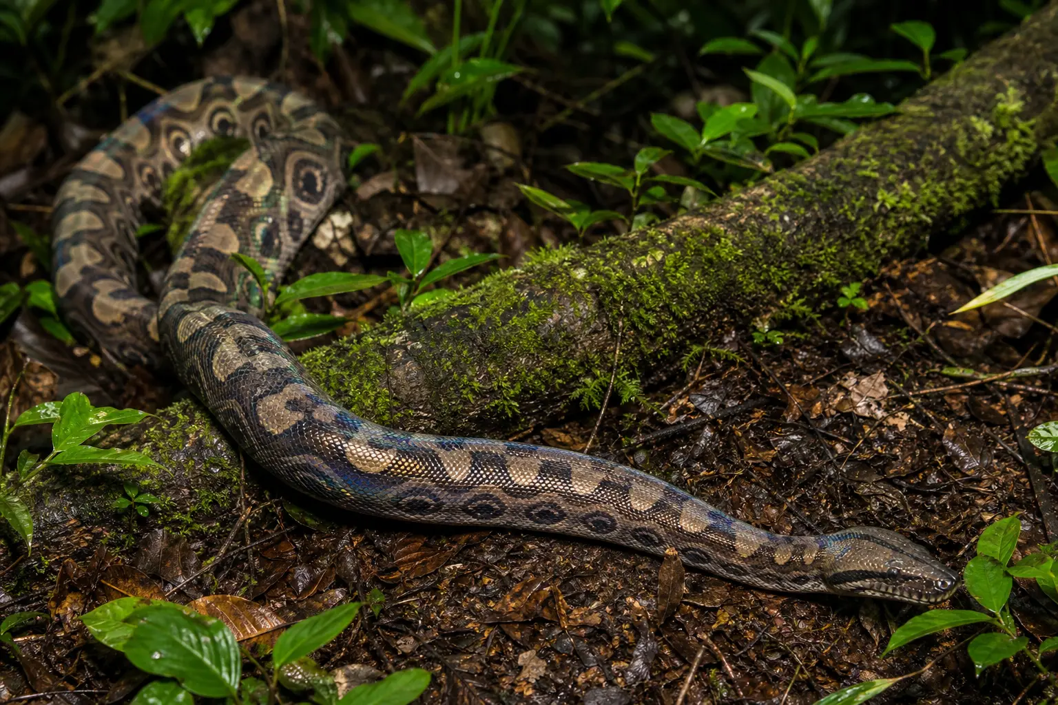 Adult Colombian rainbow boa crossing humid forest litter with its complete brown patterned body, subtle iridescent sheen, and clear head in view.