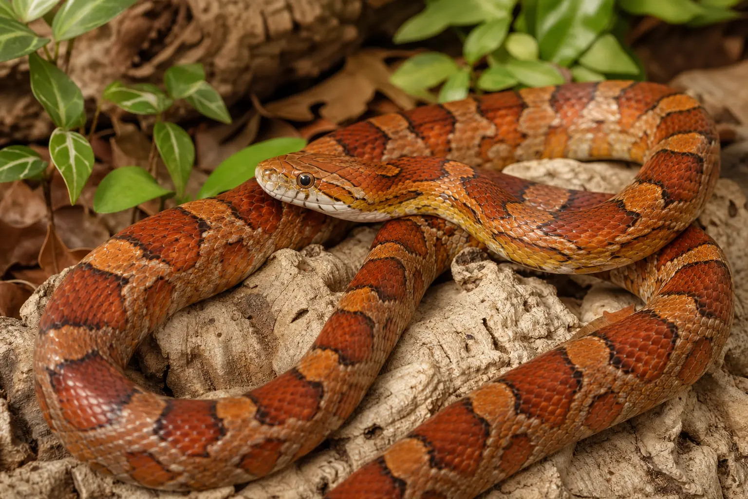 Adult corn snake resting calmly over pale cork with its clear eye, slender head, and orange-red saddle pattern in close view.