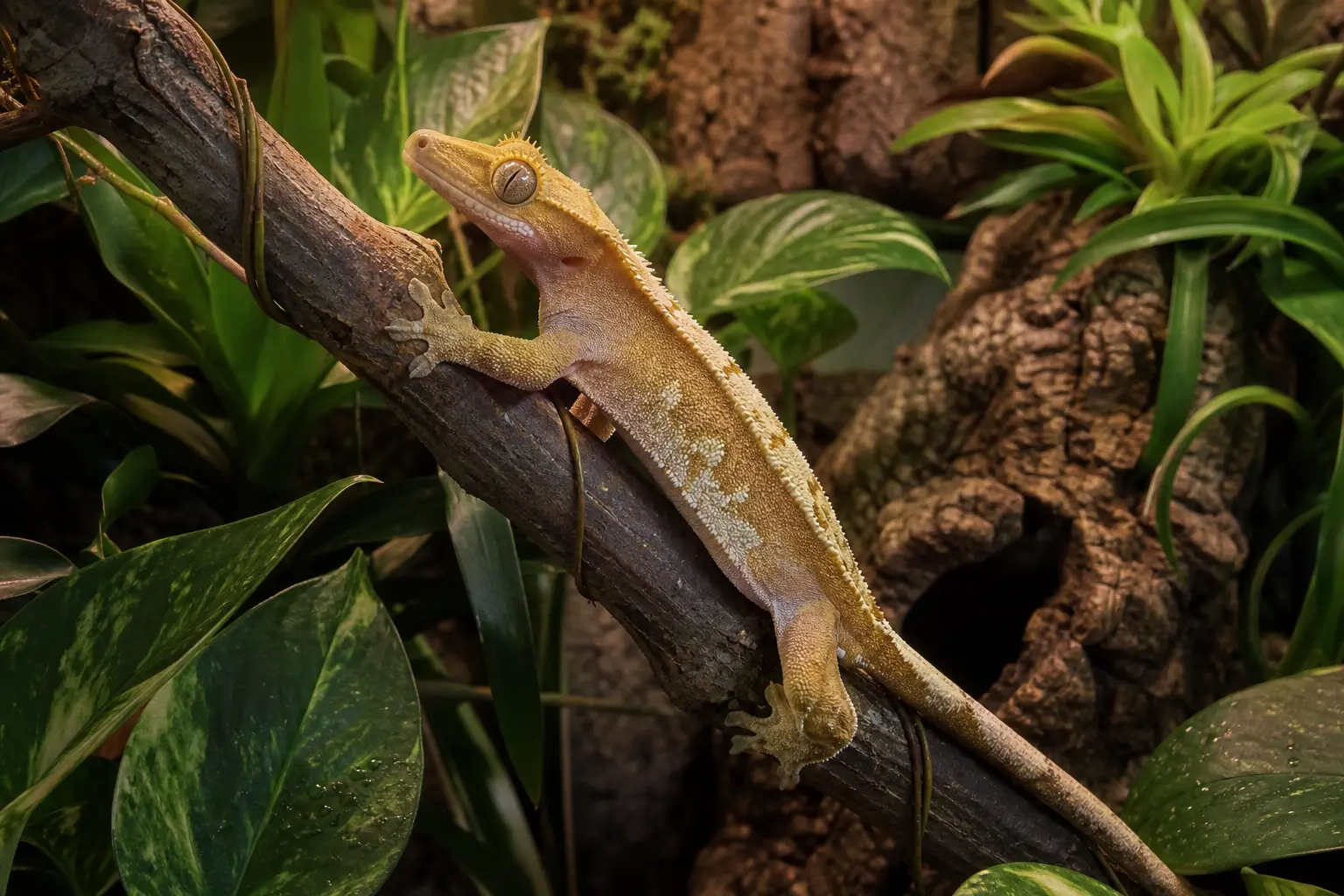 Adult crested gecko climbing a sturdy branch in a tall planted enclosure, with its full body, toe pads, and raised eyelash crests clearly visible.