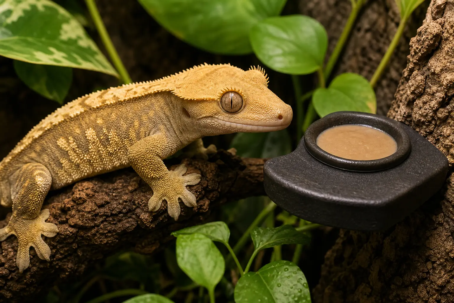 Adult crested gecko beside an elevated ceramic feeding ledge with a clean cup of prepared gecko diet in a planted enclosure.