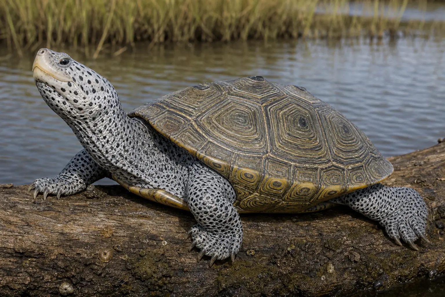 Adult diamondback terrapin on a salt-marsh log with its complete concentric diamond-patterned shell, pale spotted skin, broad head, and webbed feet in view.