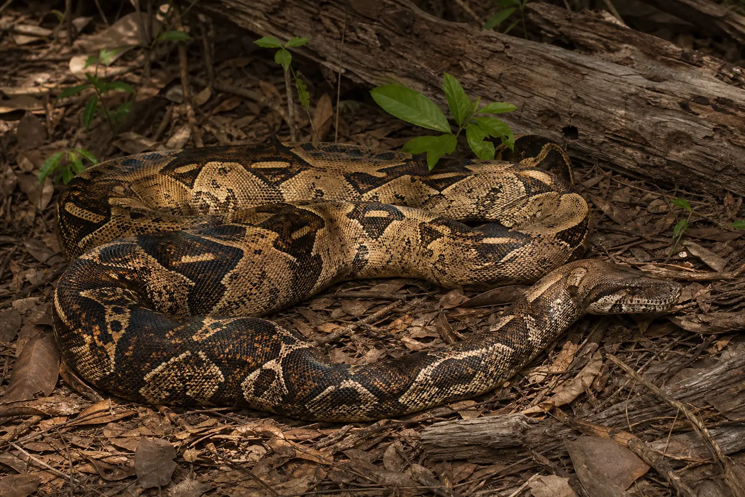 Adult Dumeril's boa resting on Madagascar forest litter with its complete heavy body, intricate leaf-like camouflage, and distinct head in clear view.