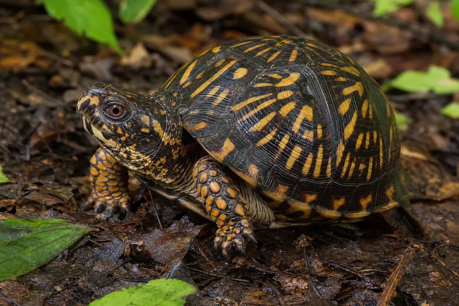 Adult eastern box turtle on moist woodland litter with its complete high-domed black shell, vivid orange radiating markings, patterned head, and orange legs in view.