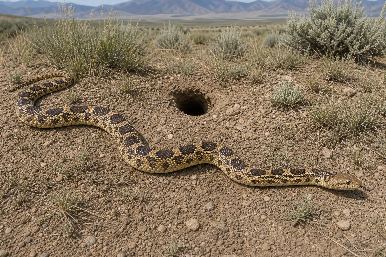 Adult eastern hognose snake beside its sandy woodland burrow with its complete blotched body, upturned snout, and alert head in clear view.