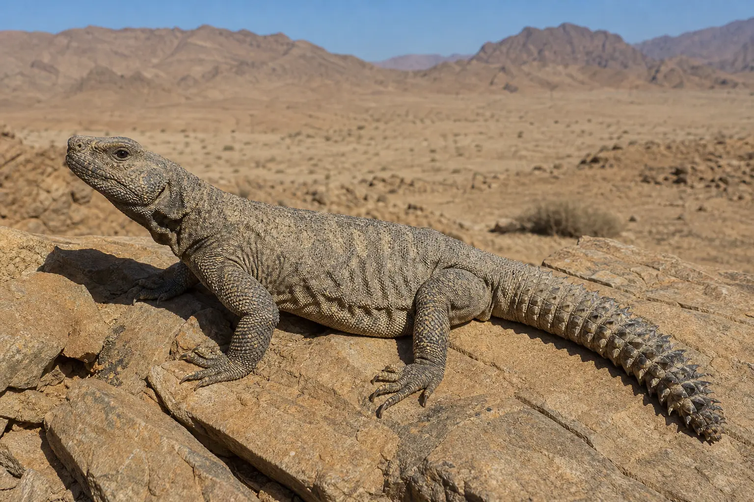 Adult Egyptian uromastyx basking on Arabian rock with its complete heavy sandy-gray body, broad head, sturdy limbs, and massive spiny tail in view.