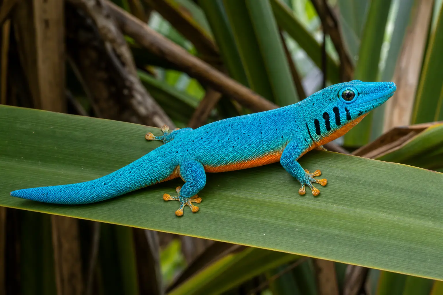 Adult male electric blue day gecko on a Pandanus leaf with its complete turquoise body, black throat bars, orange belly, and clear eye in view.