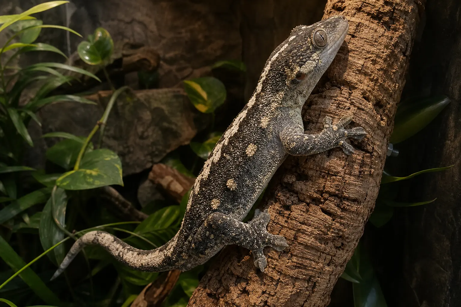 Adult Gargoyle gecko climbing a stable cork tube in a tall planted enclosure, with its full body, broad toe pads, bumpy head profile, and intact tail clearly visible.