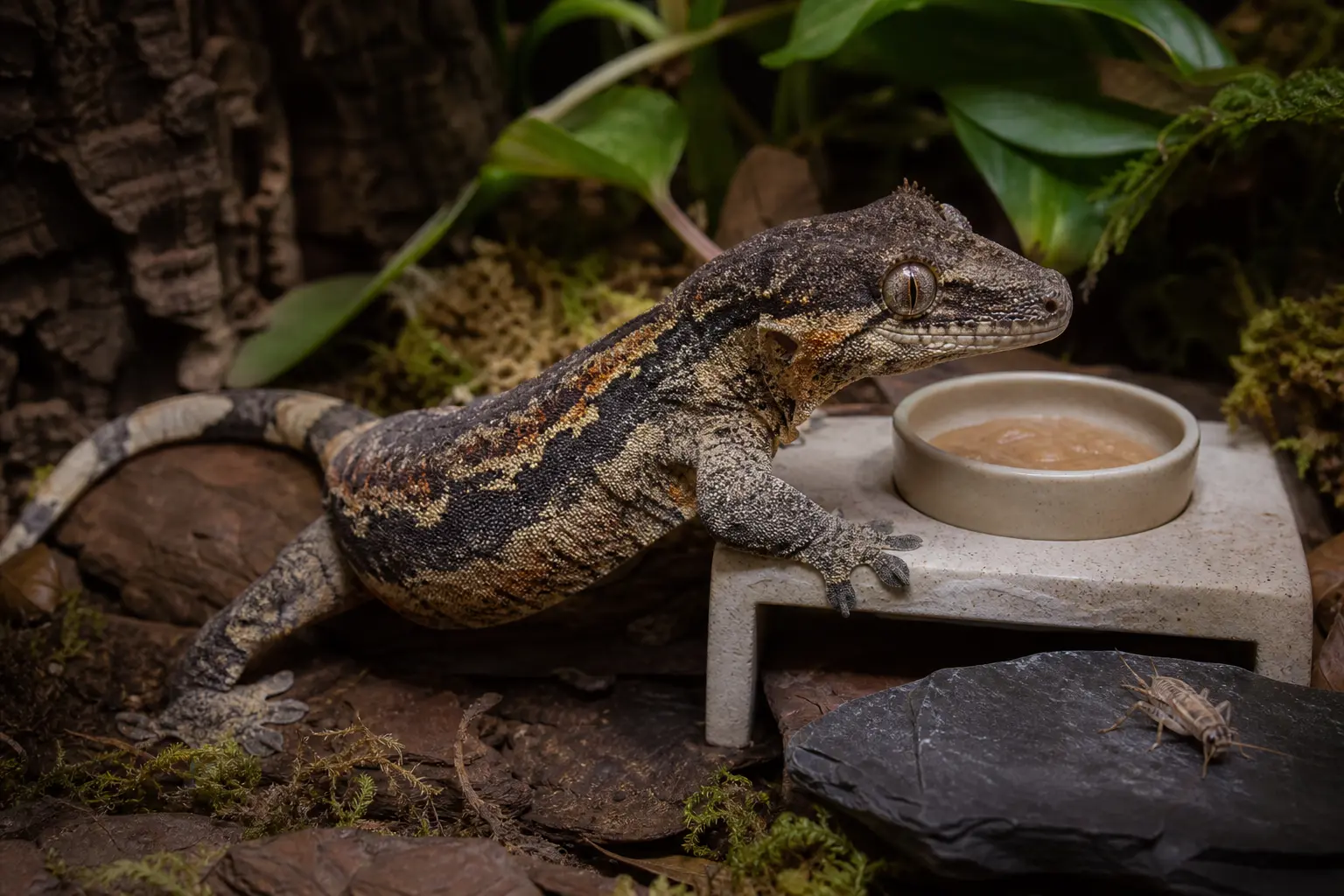 Adult Gargoyle gecko beside a clean cup of prepared complete gecko diet and one appropriately sized feeder insect in a planted enclosure.