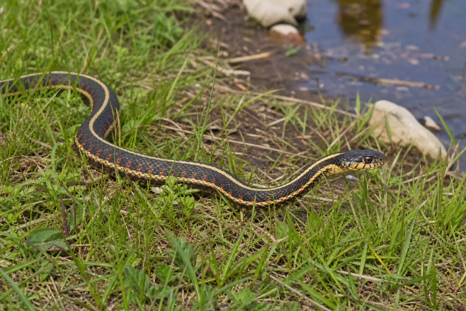 Adult common garter snake exploring meadow grass beside water with its complete slender body, yellow stripes, red side marks, and alert head in clear view.
