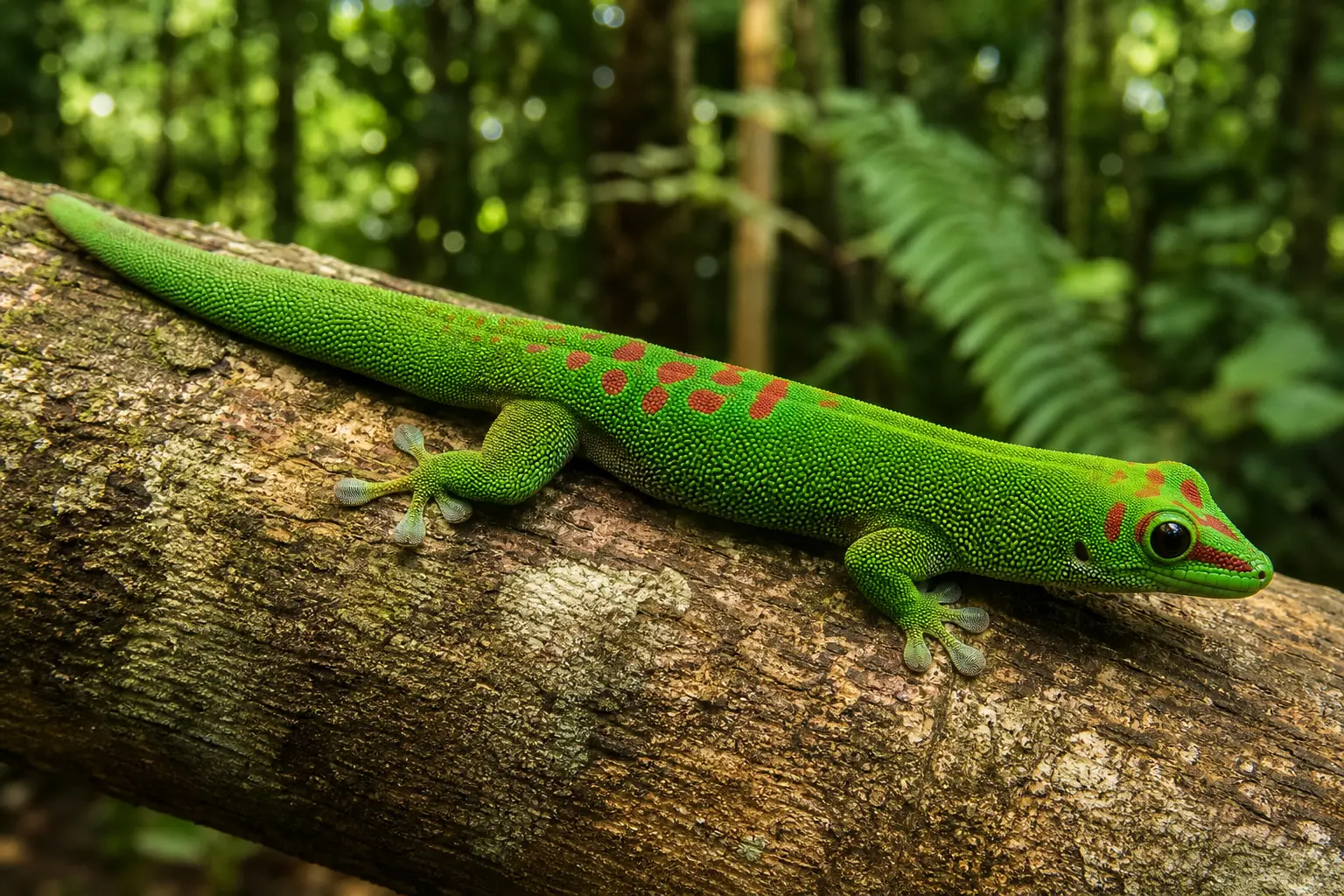 Adult Madagascar giant day gecko on a rainforest trunk with its complete vivid green body, red markings, broad toes, and bright eye in clear view.