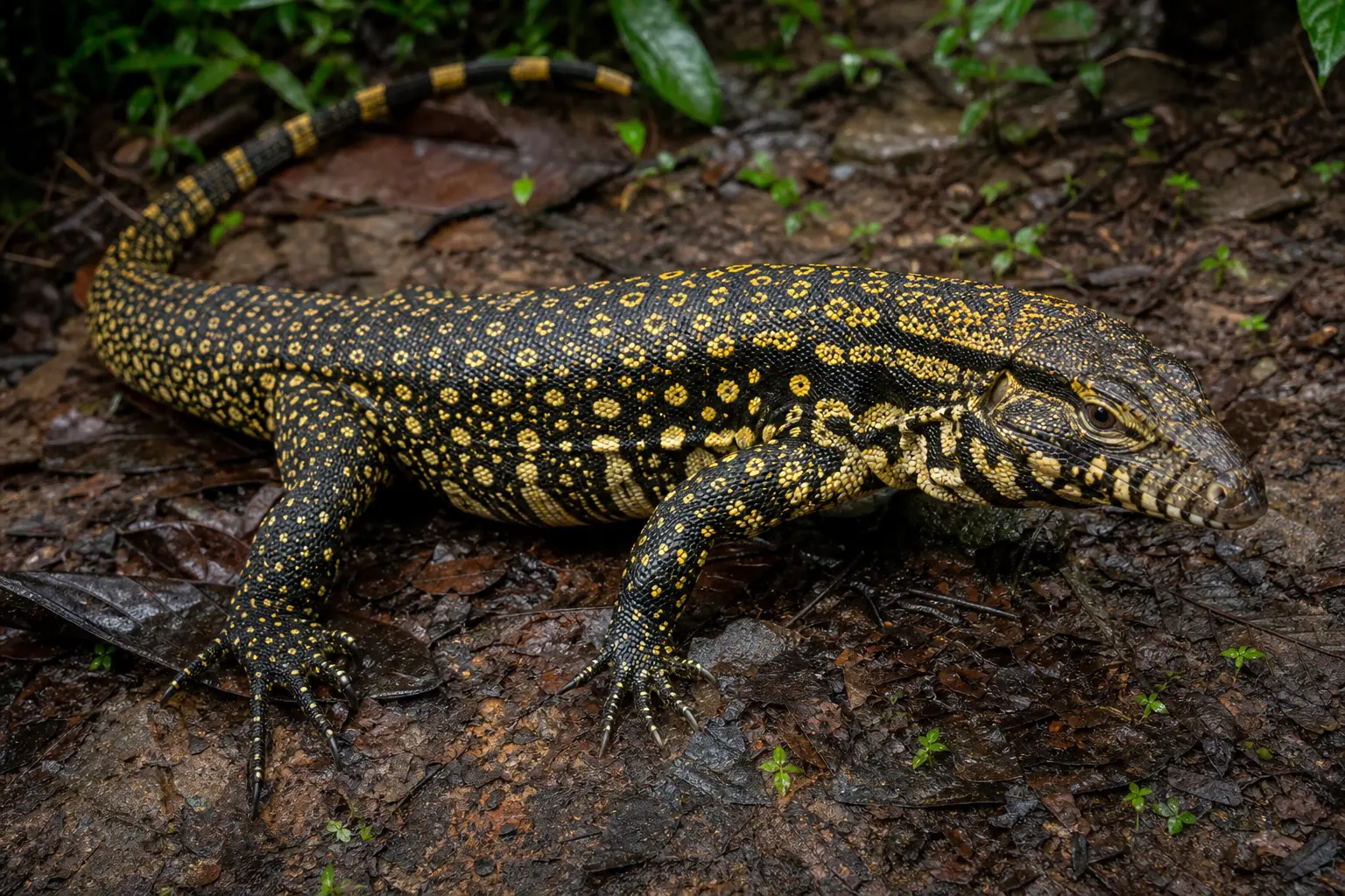 Adult gold tegu on northern South American forest floor with its complete glossy black body, dense gold spots and bands, strong head, muscular limbs, and long tail in view.
