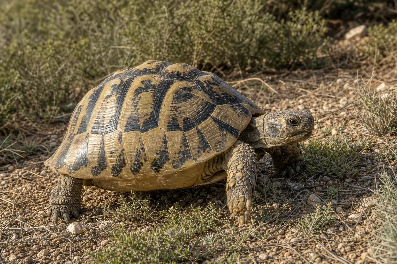 Adult Greek tortoise walking through Mediterranean scrub with its complete high-domed tan-and-dark shell, scaled legs, small head, and thigh spurs in view.