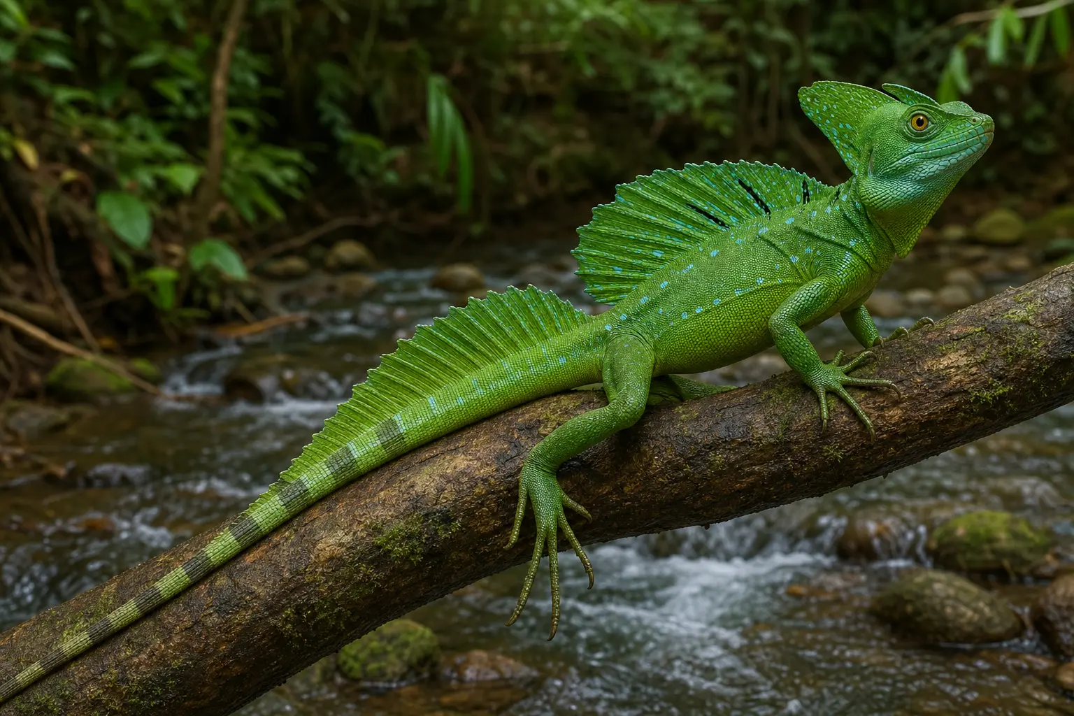 Adult male green basilisk above a forest stream with its complete emerald body, twin head crest, tall back and tail crests, long hind toes, and very long tail in view.