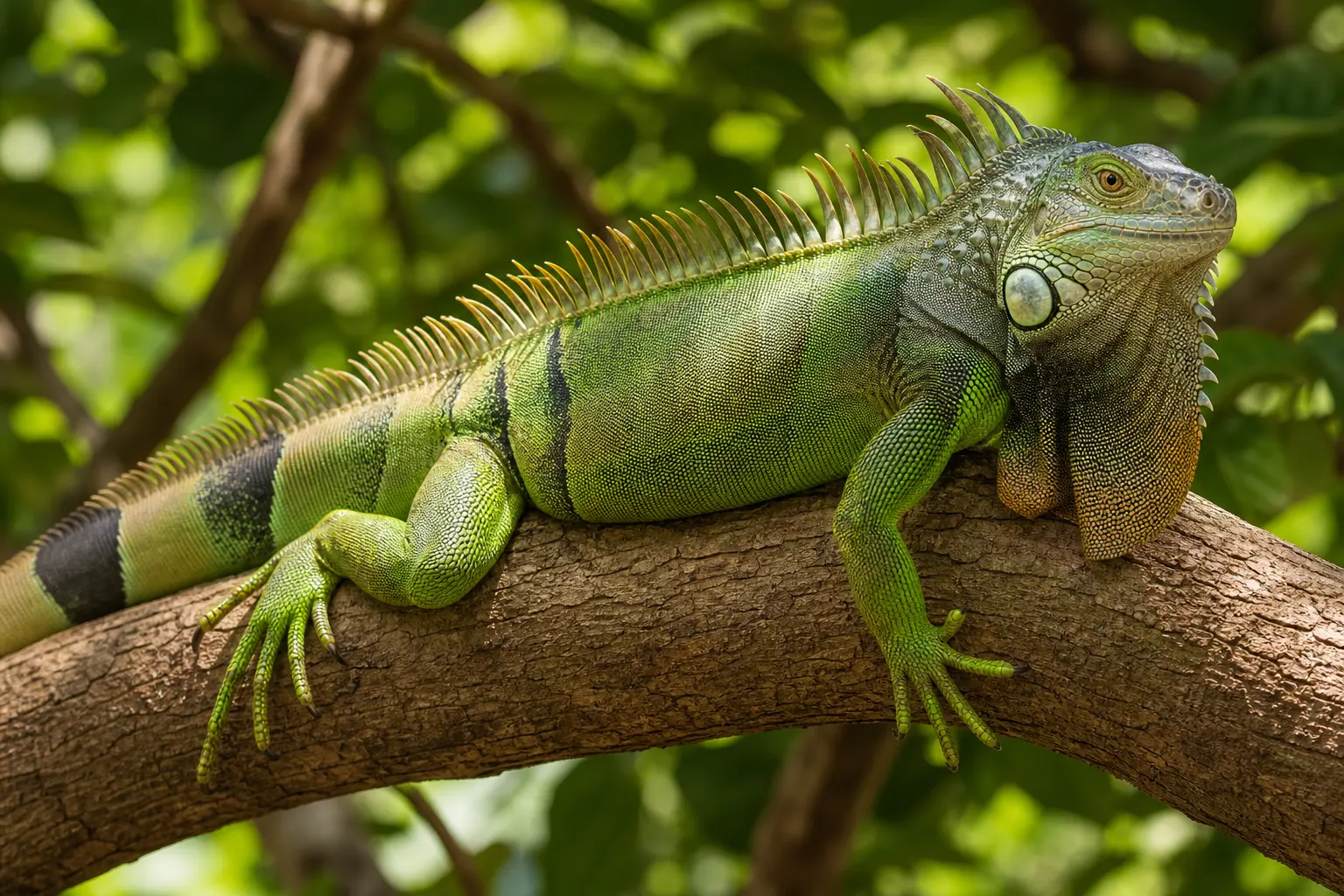 Adult green iguana resting alertly on a tropical branch with its long crest, dewlap, round cheek scale, strong limbs, and calm eye in clear view.