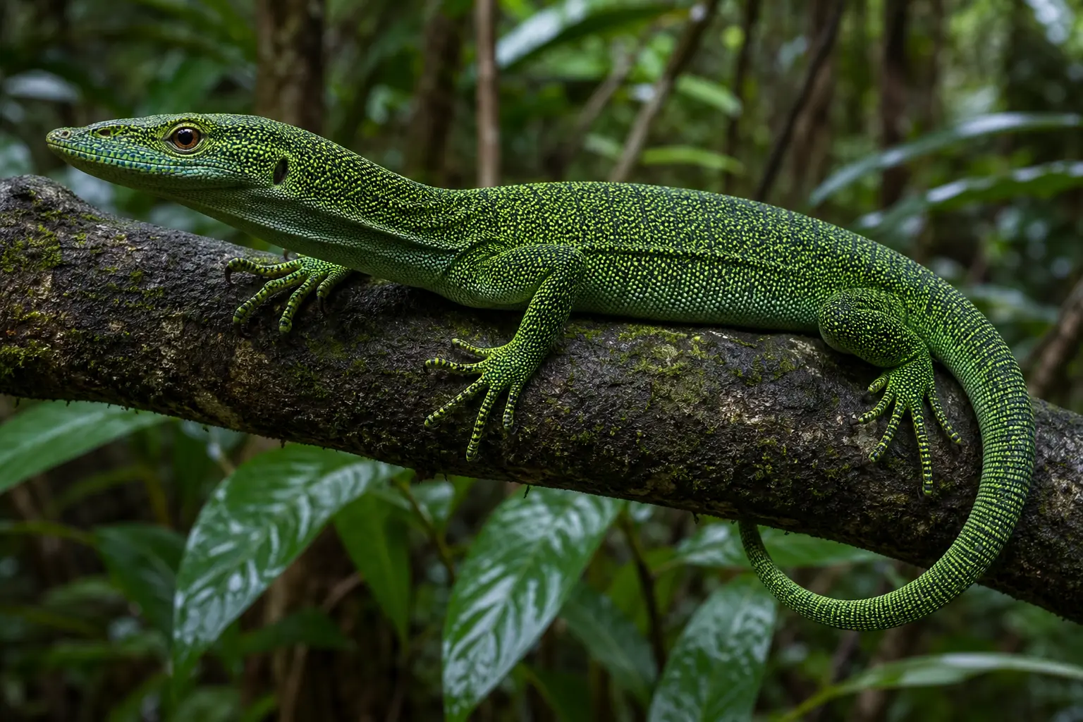Adult green tree monitor on a New Guinea rainforest branch with its complete emerald reticulated body, long toes, sharp claws, and curled prehensile tail in view.