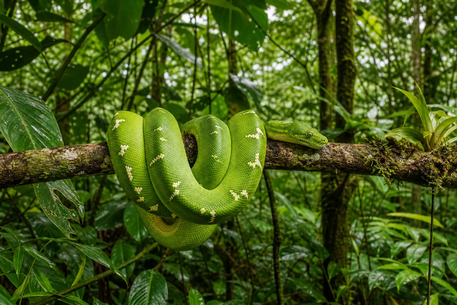 Adult green tree python resting in its characteristic saddle coils on a rainforest branch with its complete leaf-green body and angular head in clear view.