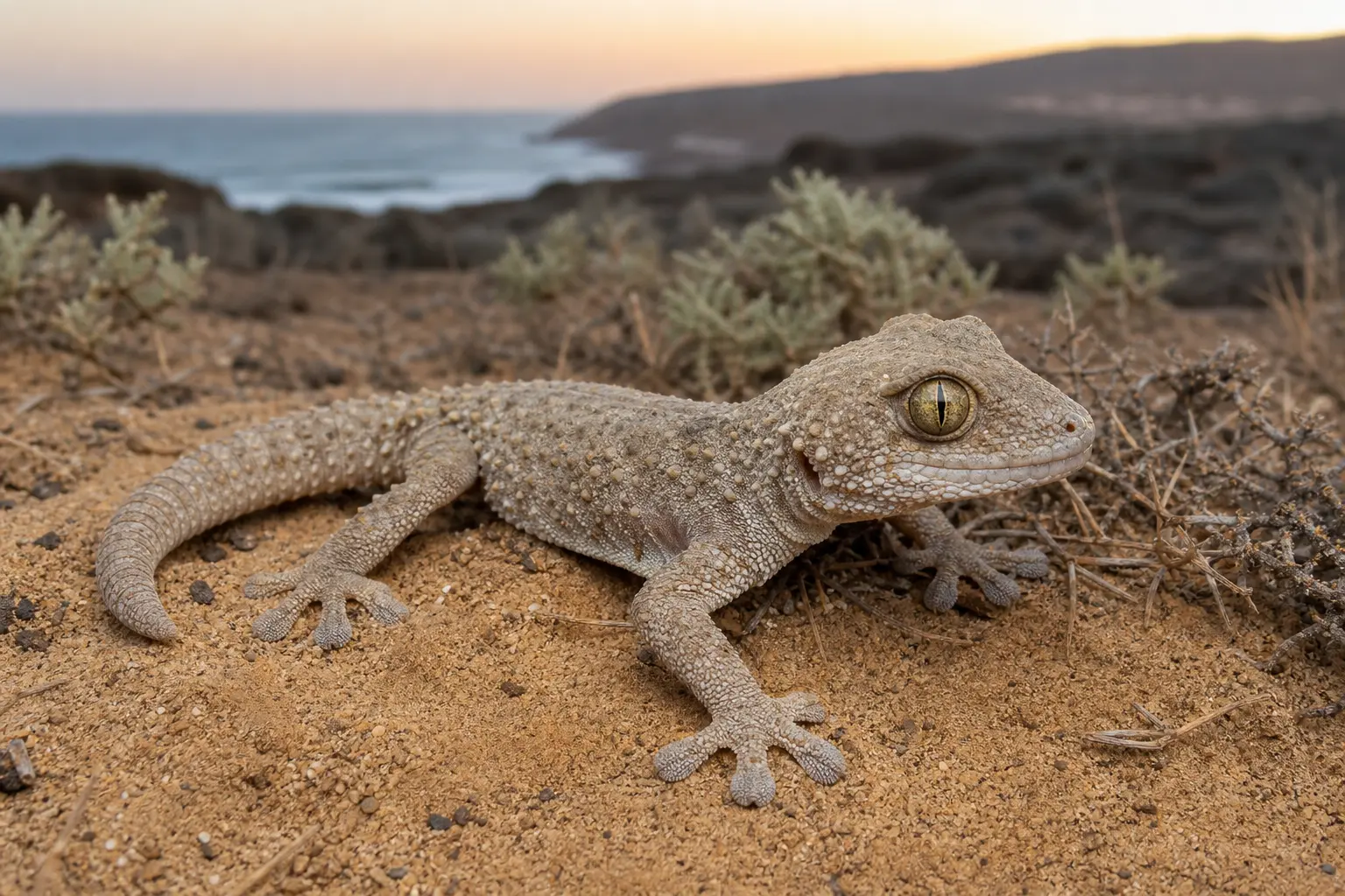 Adult helmeted gecko on Moroccan coastal dune scrub with its complete pale rough-scaled body, broad helmet-like head, large golden eye, wide toe pads, and thick tail in view.