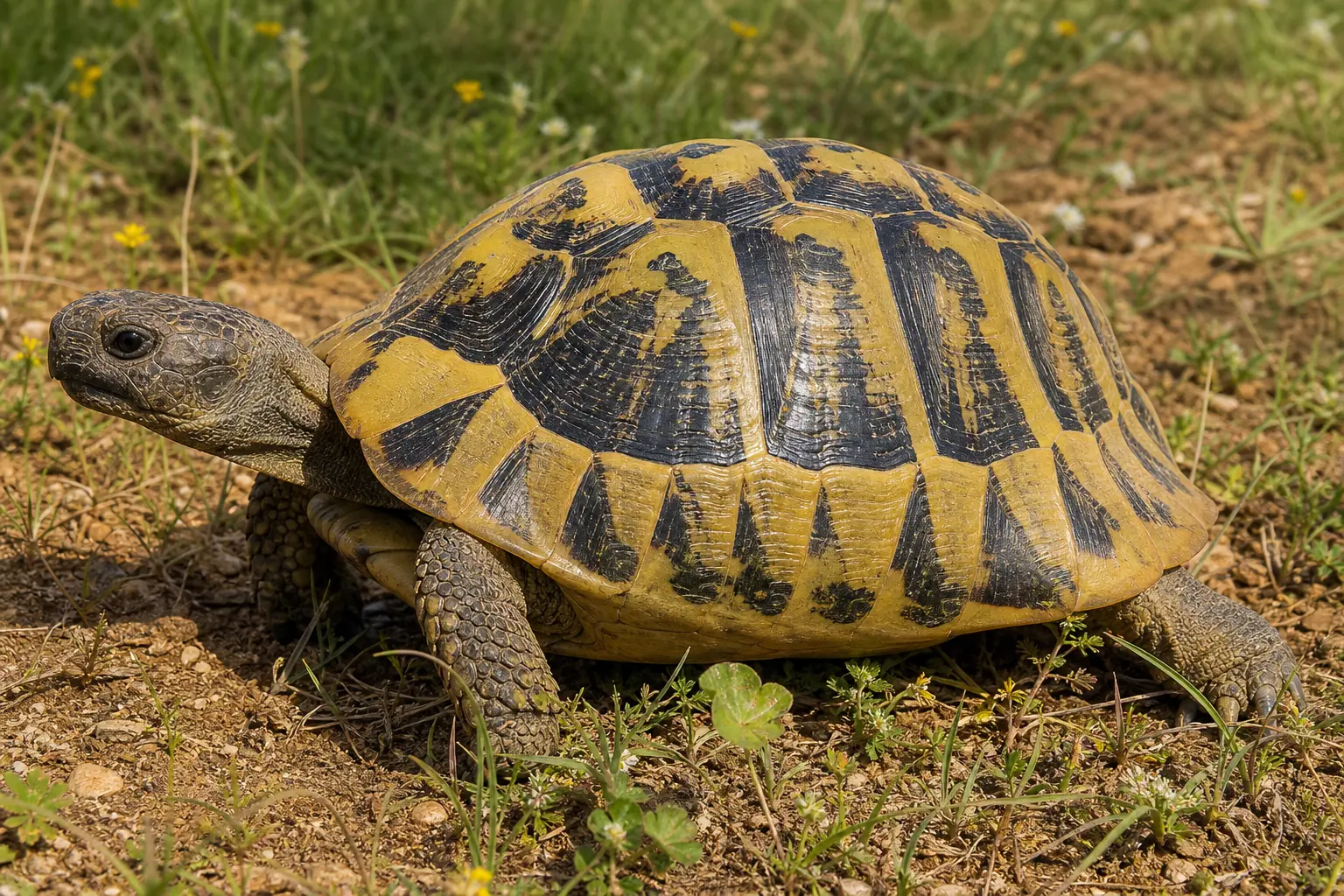 Adult Hermann's tortoise crossing a Mediterranean meadow with its complete yellow-and-black patterned shell, sturdy legs, and alert head in view.