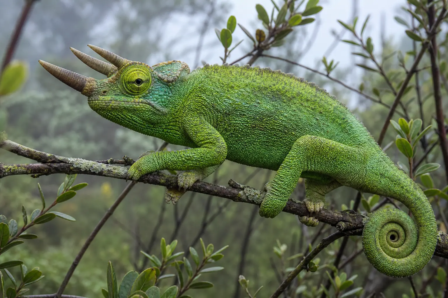 Adult male Jackson's chameleon crossing a leafy montane branch with three facial horns, gripping feet, watchful eye, and coiled tail in clear view.