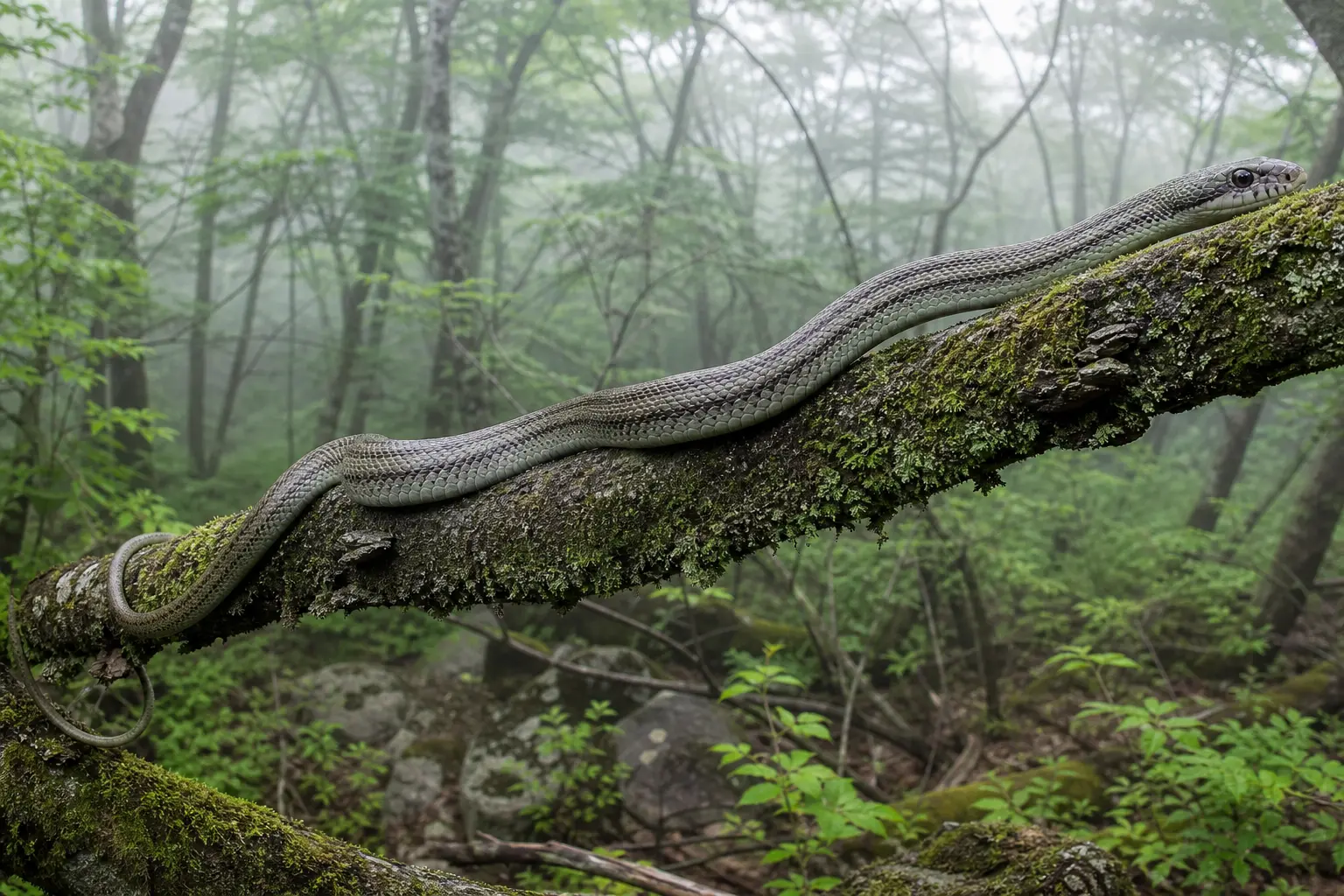 Adult Japanese rat snake climbing a mossy woodland branch with its complete muted olive-gray body, faint longitudinal pattern, and clear head in view.