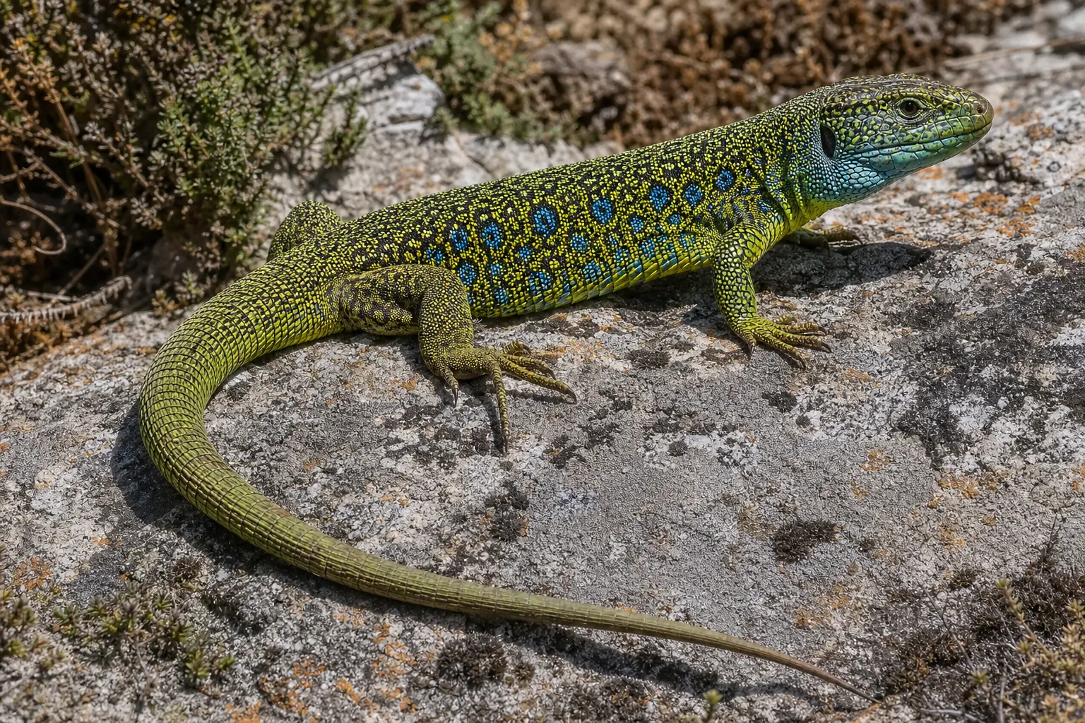 Adult male jeweled lacerta on Iberian granite with its complete robust green body, black rosettes, bright blue flank spots, large head, and long tail in view.