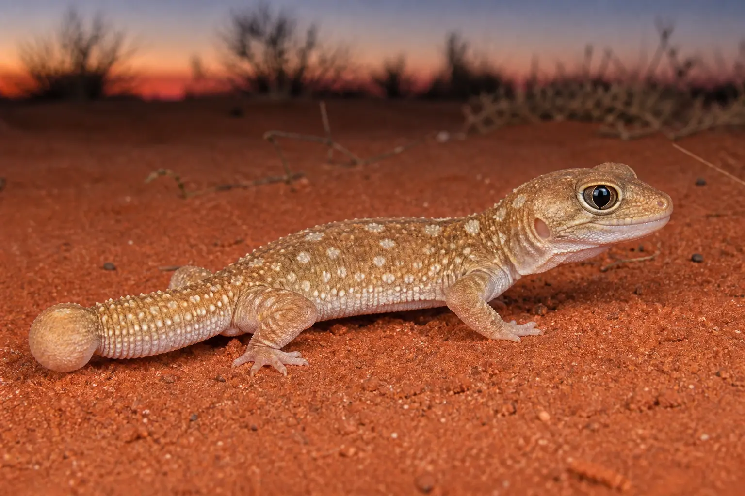 Adult smooth knob-tailed gecko on Australian desert sand with its complete spotted body, large head, and round tail knob in clear view.