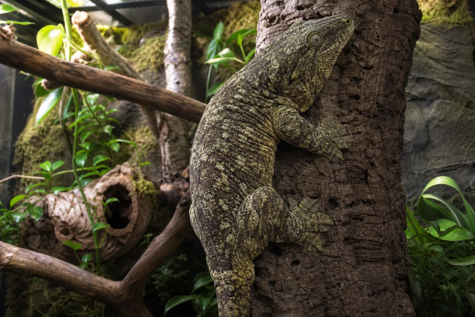 Adult Leachianus gecko climbing a trunk-width cork hollow in a broad planted enclosure, with its powerful body, broad toe pads, loose skin folds, and substantial routes clearly visible.