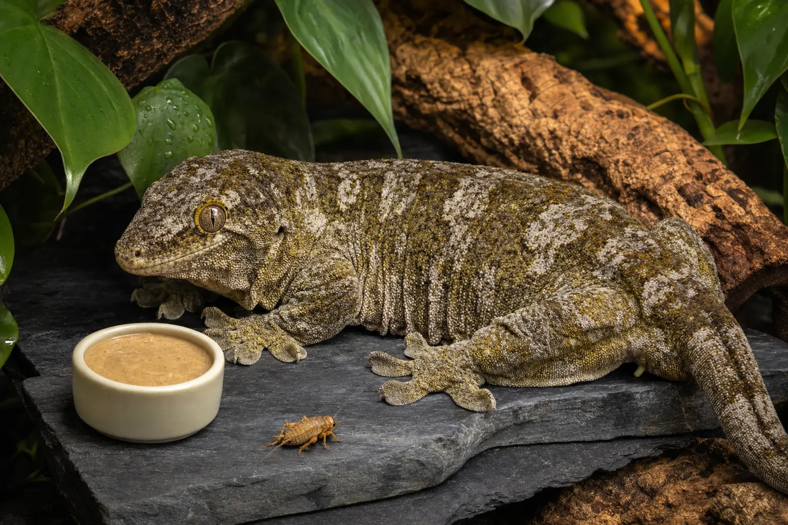 Adult Leachianus gecko beside a clean cup of prepared complete gecko diet and one appropriately sized feeder insect on a separate slate ledge.