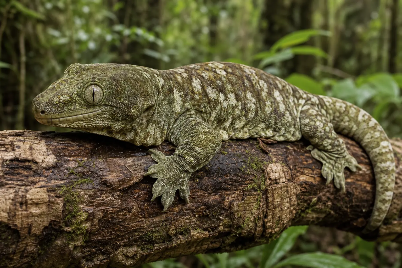 Adult Leachianus gecko resting across thick cork with its giant heavy body, broad triangular head, loose mottled skin, wide gripping feet, clear eye, and short thick tail in view.