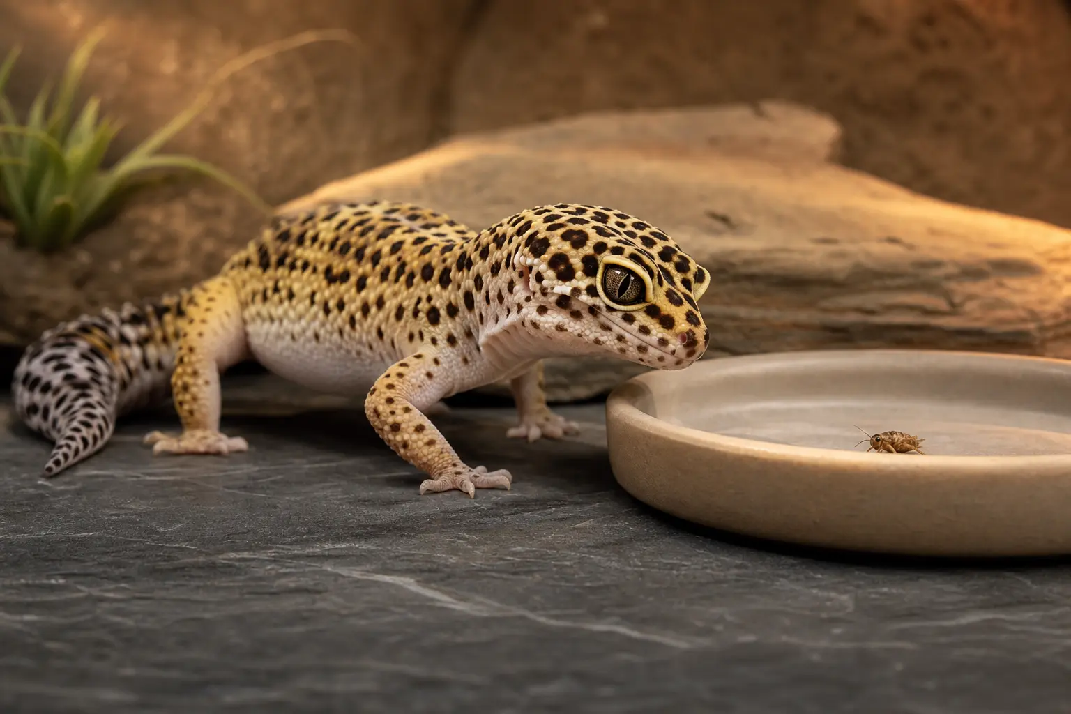 Adult leopard gecko watching an appropriately sized feeder insect beside a shallow ceramic feeding dish.