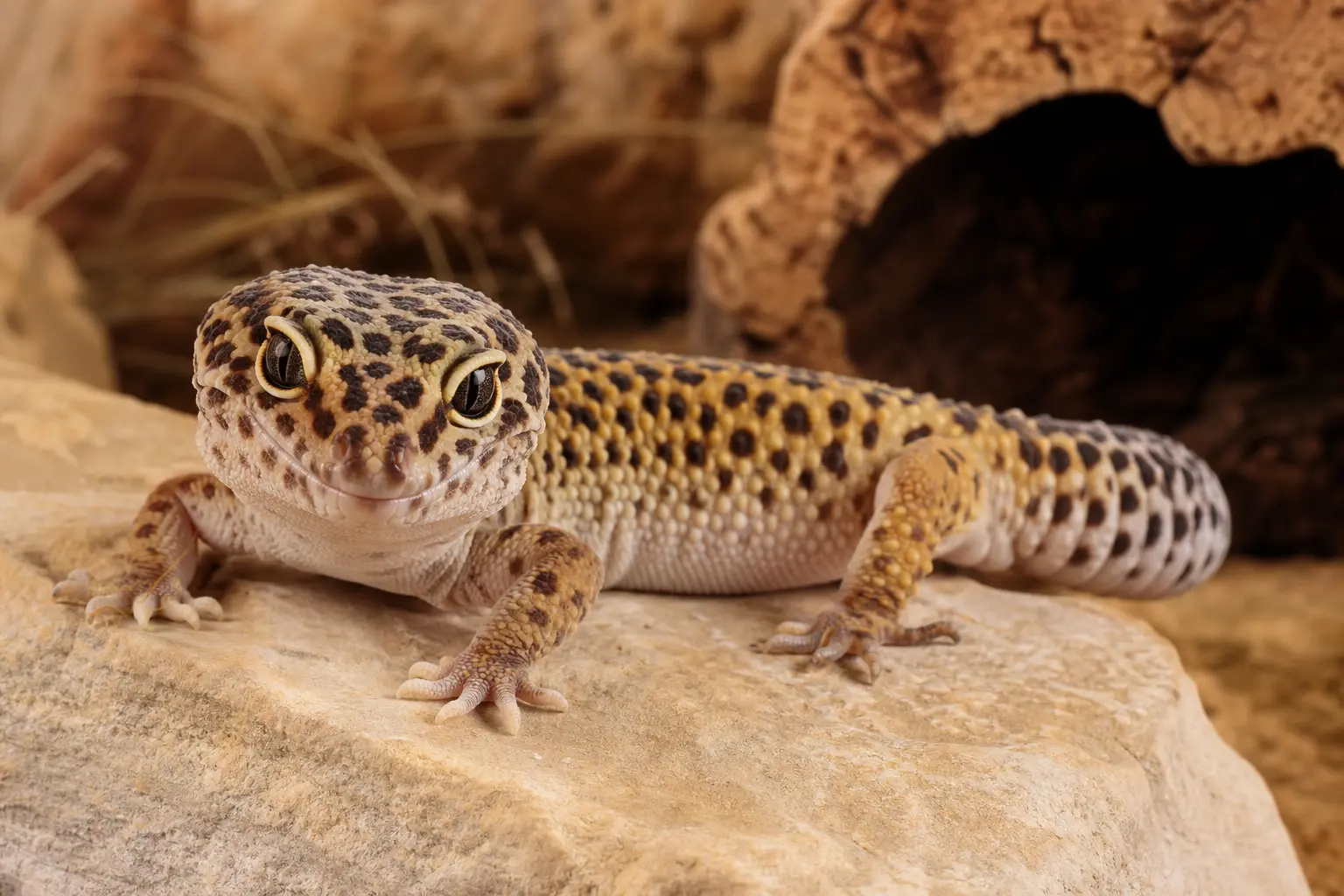 Adult leopard gecko resting alertly on pale sandstone with its patterned body, sturdy tail, and bright eye in clear view.