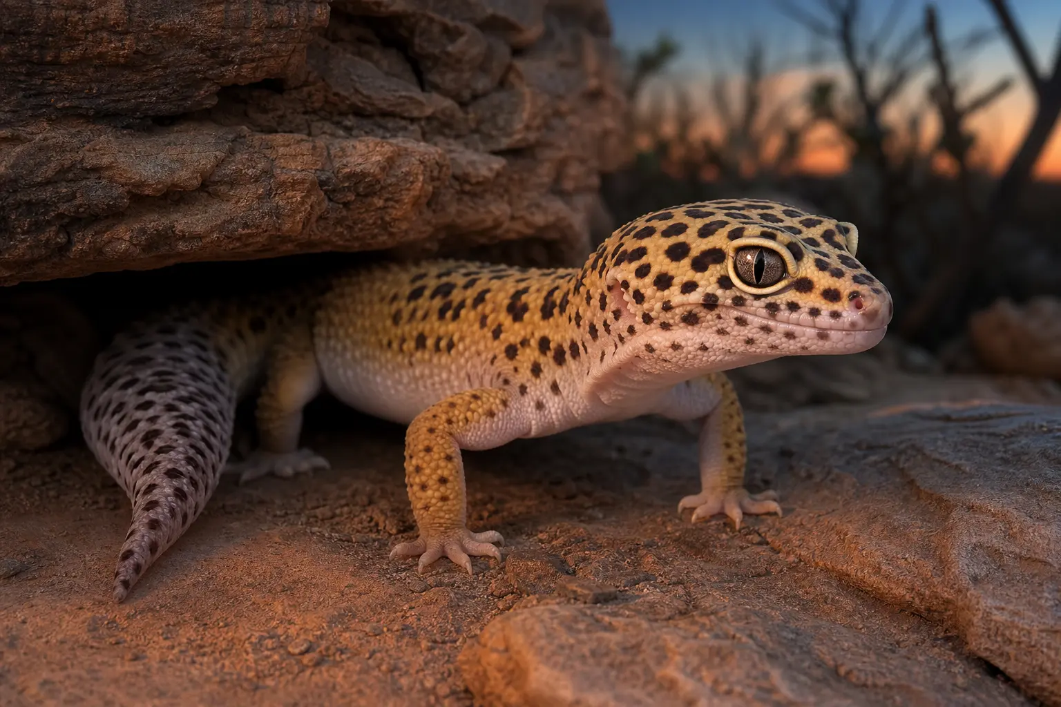 Adult leopard gecko stepping from a low cork hide at dusk with its bright eye, small clawed toes, spotted body, and thick tail clearly visible.