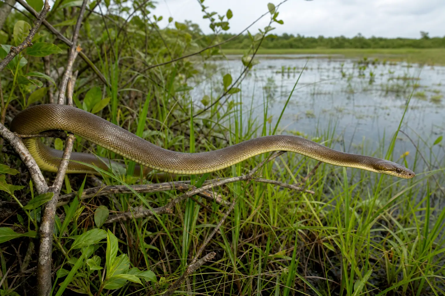 Adult Macklot's python crossing a Timor wetland edge with its complete olive-brown iridescent body and long head in clear view.
