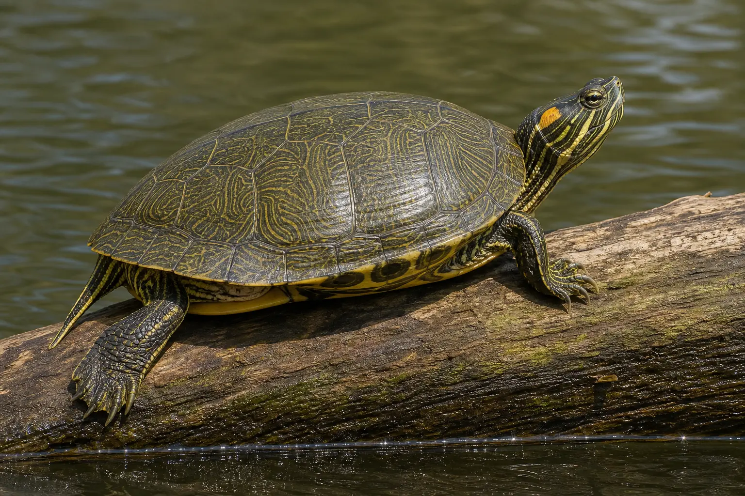 Adult map turtle basking on a river log with its complete olive shell, fine yellow contour lines, low keel, yellow-striped head, webbed feet, and tail in view.