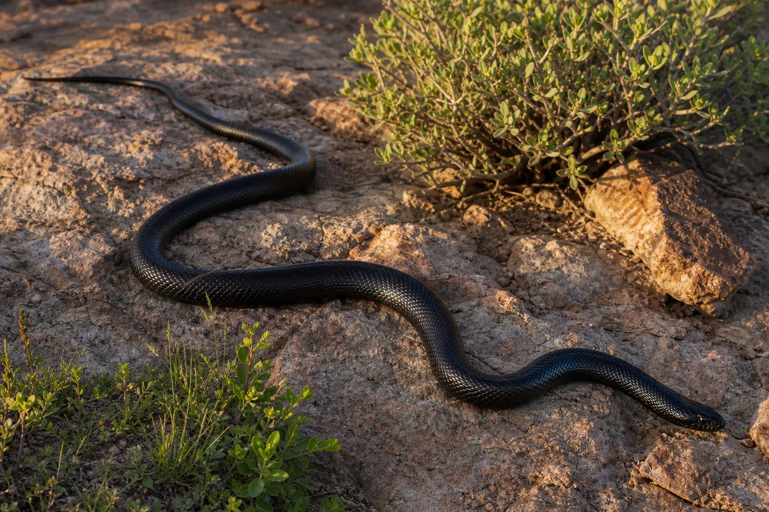 Adult Mexican black kingsnake crossing Sonoran rock with its complete glossy jet-black body and small alert head in clear view.