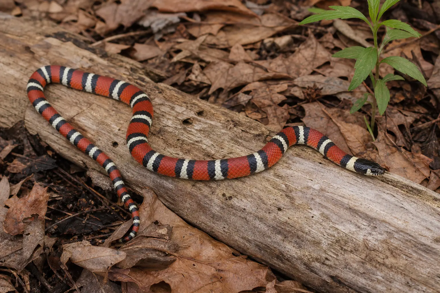 Adult Sinaloan-type milk snake representing the pet milk-snake group, crossing a woodland log with its complete red, black, and cream ringed body in clear view.