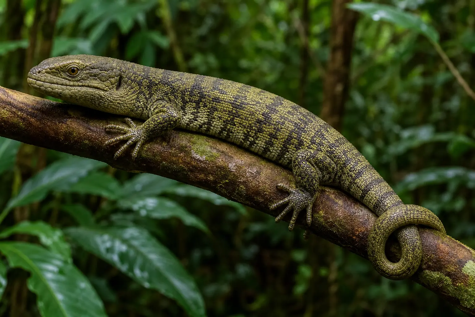 Adult prehensile-tailed skink on a Solomon Islands rainforest branch with its complete heavy olive body, strong feet, blunt face, and curled prehensile tail in view.