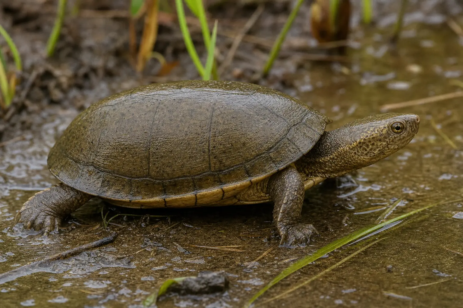 Adult eastern mud turtle at a wetland margin with its complete small smooth olive shell, plain mottled head, hinged plastron edge, and sturdy feet in view.